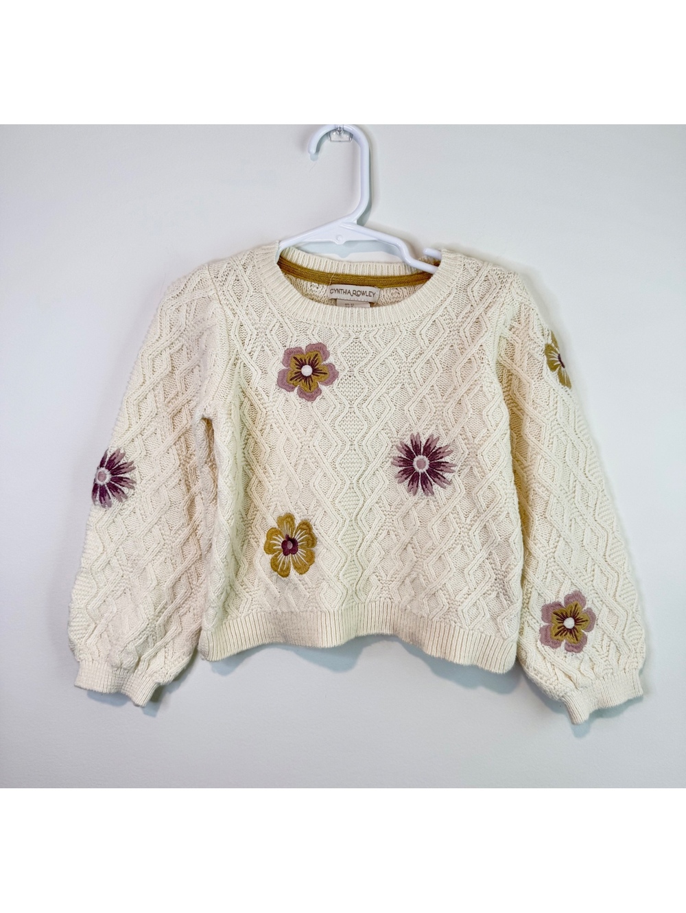 Cynthia Rowley Girls' Cream Cable Knit Sweater with Floral Embroidery Size 3T